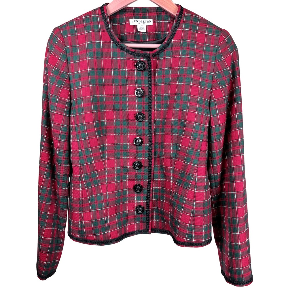 Vintage 80s Pendleton Red Green Tartan Plaid Virgin Wool Petite Cropped Jacket
